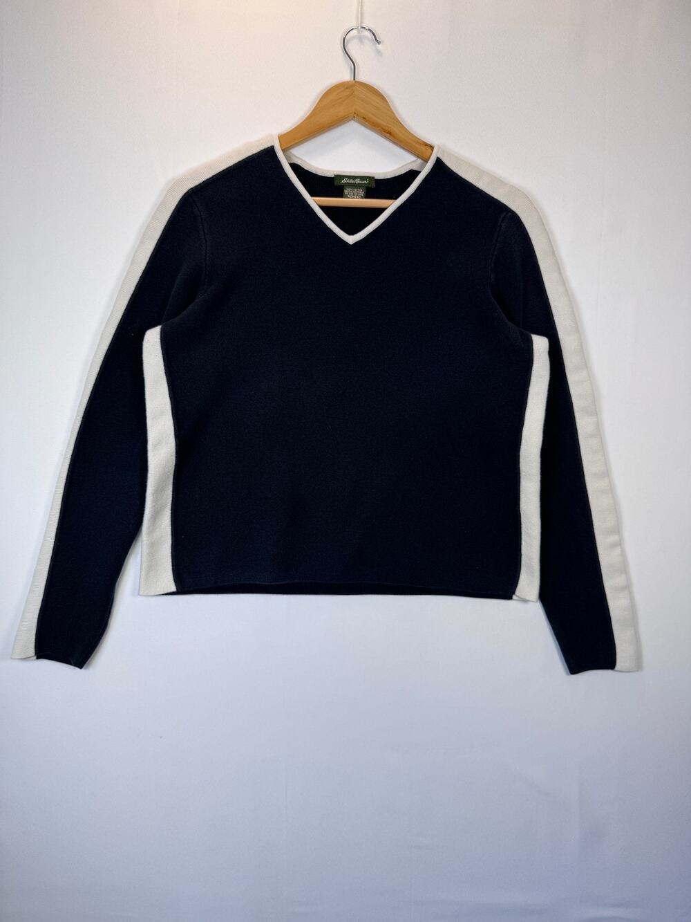 Vintage 90s Eddie Bauer Womens L Cotton V Neck Sweater Black White